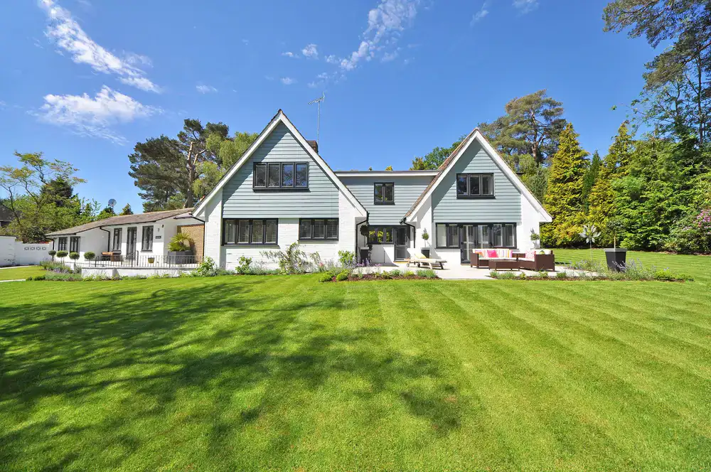 Freshly striped lawn in a residential backyard